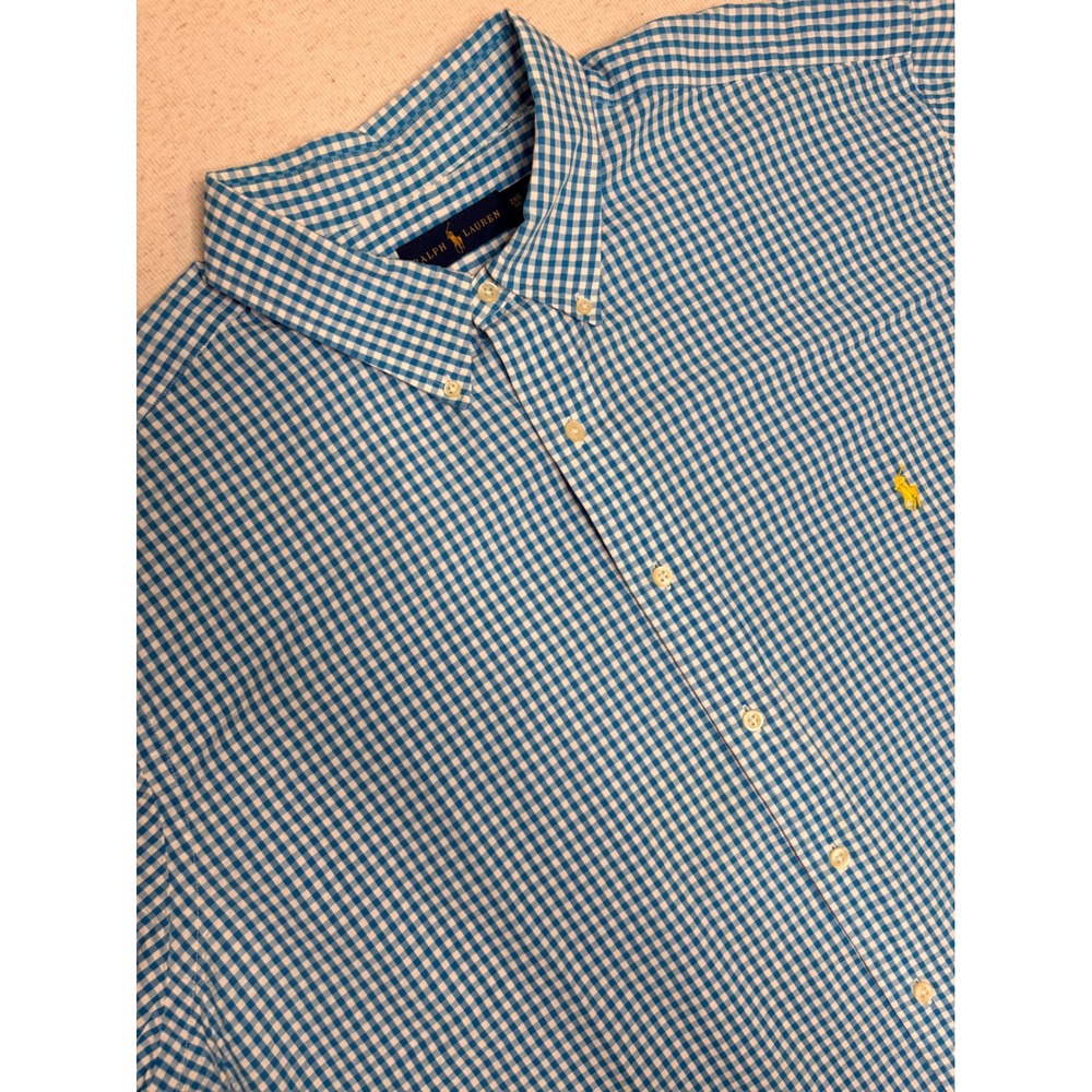 Ralph Lauren‎ Mens 2XB Big Blue Gingham Cotton Short Sleeve Button Down Shirt